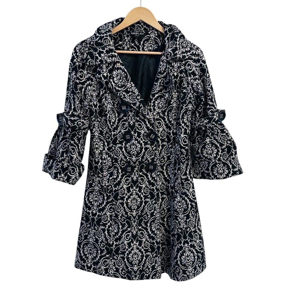 Neslay Paris Jacquard Damask Coat Womens‎ Size S Double Breasted Old Money Retro